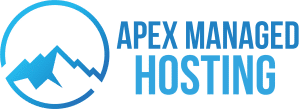 Logo features stylized blue mountains with a circular border. The text "Apex Managed Web Hosting" is written in blue to the right of the image.