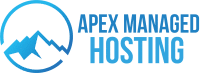 Logo features stylized blue mountains with a circular border. The text "Apex Managed Web Hosting" is written in blue to the right of the image.