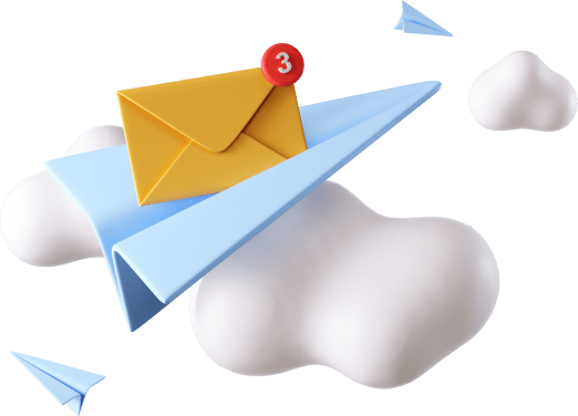 A 3D illustration of a paper plane carrying a yellow envelope with a notification badge showing the number 3, flying among white clouds, symbolizing streamlined managed hosting.