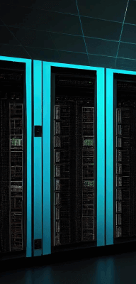 A row of illuminated server racks in a dimly lit room showcases the intricate components and cables inside, seamlessly powering managed web hosting solutions.