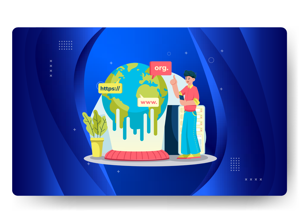 Illustration of a person pointing at a globe dripping paint, labeled "https://", "www.", and ".org," representing the digital world of managed hosting. A potted plant and server tower sit nearby on a blue abstract background, embodying the essence of web hosting services like WordPress.