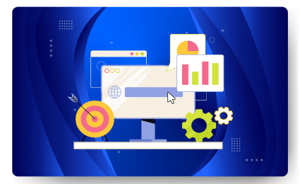 An illustration of a computer monitor displaying charts and a web browser, highlighting managed hosting services. Surrounding icons include a target, gear, and speech bubble, all set against a blue abstract background.