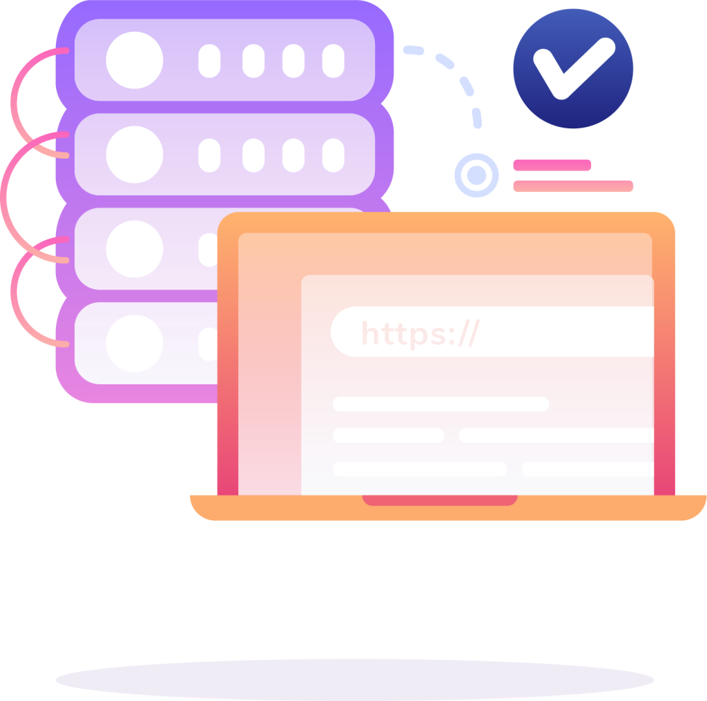 Illustration of a laptop with a secure website URL, connected to servers for managed web hosting, and a checkmark symbolizing verification.