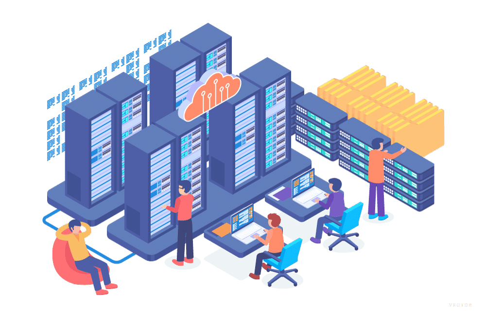 Illustration of a data center with several servers, three people at desks working on computers, and a cloud icon above the servers, showcasing managed web hosting in action.