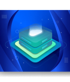 An abstract graphic with stacked translucent layers on a blue background, featuring geometric shapes and glowing effects, reminiscent of the structured elegance found in managed web hosting designs.