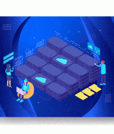 Illustration of people interacting with cloud servers. Three figures use digital interfaces and laptops, with abstract server racks in the center. The scene highlights managed web hosting while a background features a blue digital design, evoking the essence of WordPress efficiency.