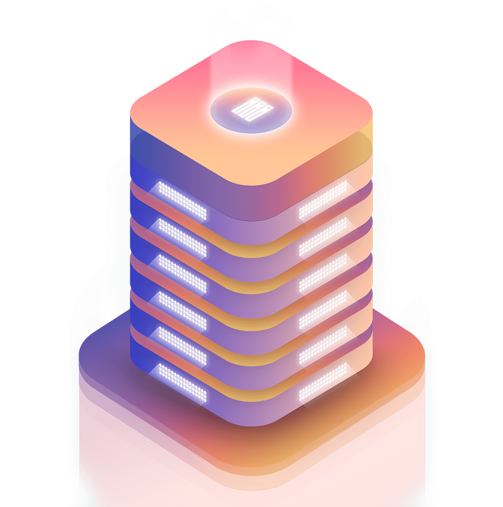 A stylized digital illustration of a glowing multicolored data server or storage unit, reminiscent of managed web hosting, with stacked layers and a panel on top.