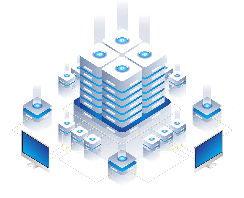 Illustration of a data server network with a central stacked cube connected to multiple cubes and monitors, symbolizing seamless data processing and connectivity. This design highlights the efficiency of managed web hosting services, enhancing WordPress experiences with reliable performance.