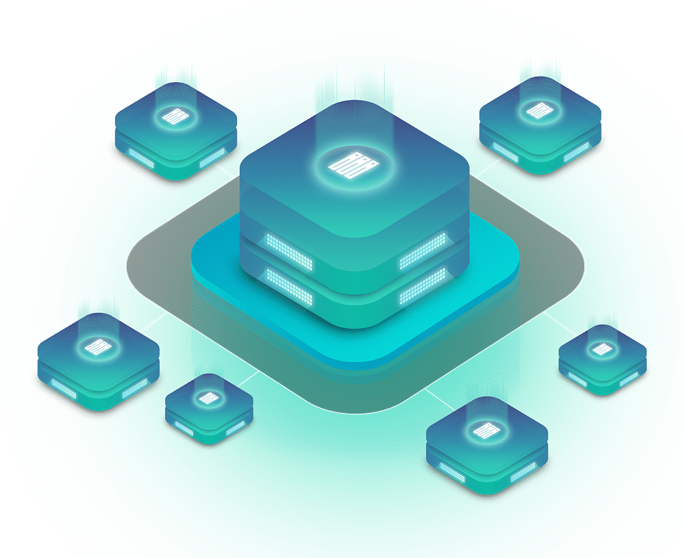 A digital illustration of interconnected, glowing teal servers in a network arrangement on a circular platform, resembling the seamless infrastructure of managed web hosting.
