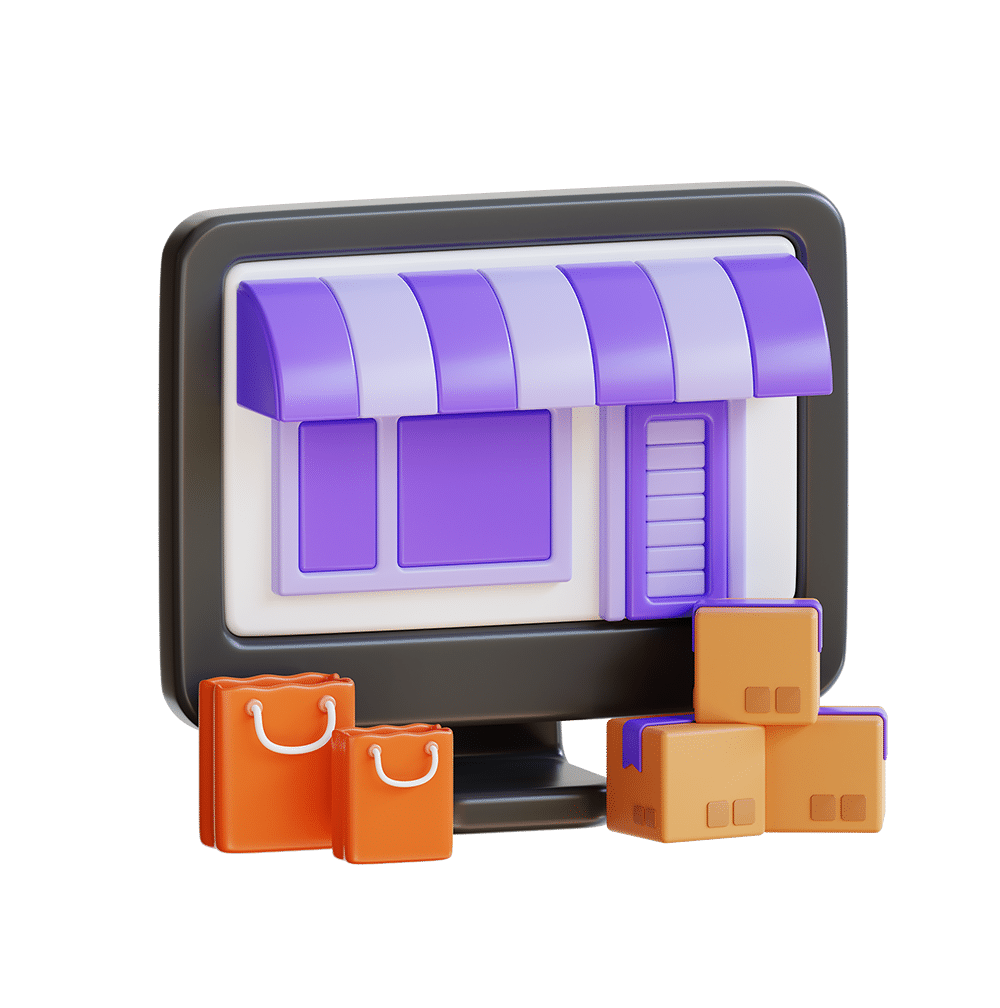 A 3D illustration of a monitor with a storefront design, featuring a purple awning and door, surrounded by orange shopping bags and brown packages, symbolizes seamless managed web hosting services.