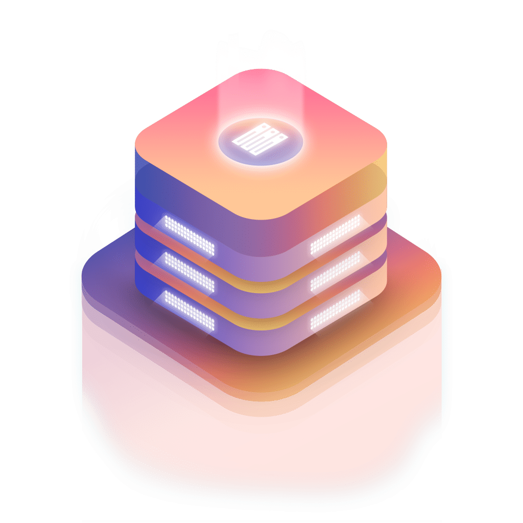 Illustration of a layered, glowing block with rounded edges, featuring illuminated horizontal lines and a digital display on top—evoking the sleek efficiency of managed web hosting—set against a gradient background.