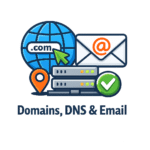 Illustration of a globe, envelope with an @ symbol, server stacks, a location pin, and a green checkmark, representing domains, DNS, and email services.