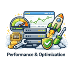 Illustration of servers, a speedometer, rocket, SEO coins, tools, and a shield representing performance and optimization in technology or website management.