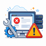 Illustration of a computer screen with an error message, a wrench, a gear, a warning sign, and server icons, representing technical issues or system maintenance.